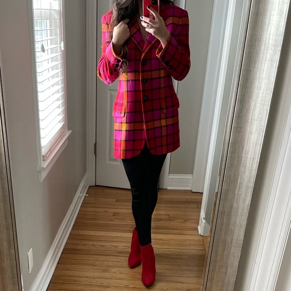 Escada By Margaretha Ley Red Plaid Notch Lapel Long Sleeve Wool Blazer s… - Picture 2 of 12